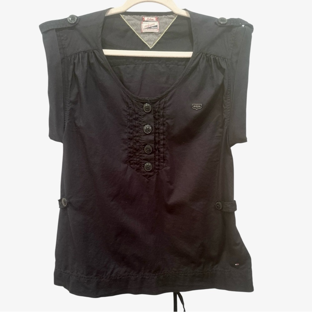 Vintage Tommy Hilfiger Black SS Blouse Back Toe Button Details Sz M Biker - Picture 1 of 10